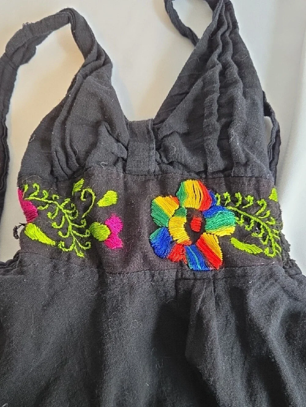 Black Embroidered Girls' Sundress - Vibrant Floral Detail